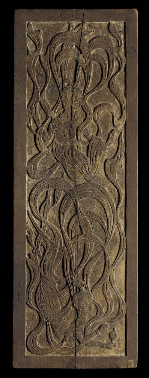 Panel with low-relief carving of Buddhist apsaras by Japanese School