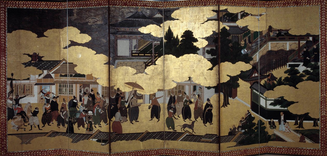 Portuguese screen: a representation of the arrival of Portuguese Jesuit missionaries in Japan in the 16th century by Japanese School