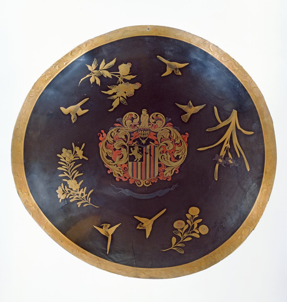Shield depicting the armorial bearings of Constantijn Ranst, for the Dutch East India Company, made in Bengal and Lacquered in Japan by Japanese School