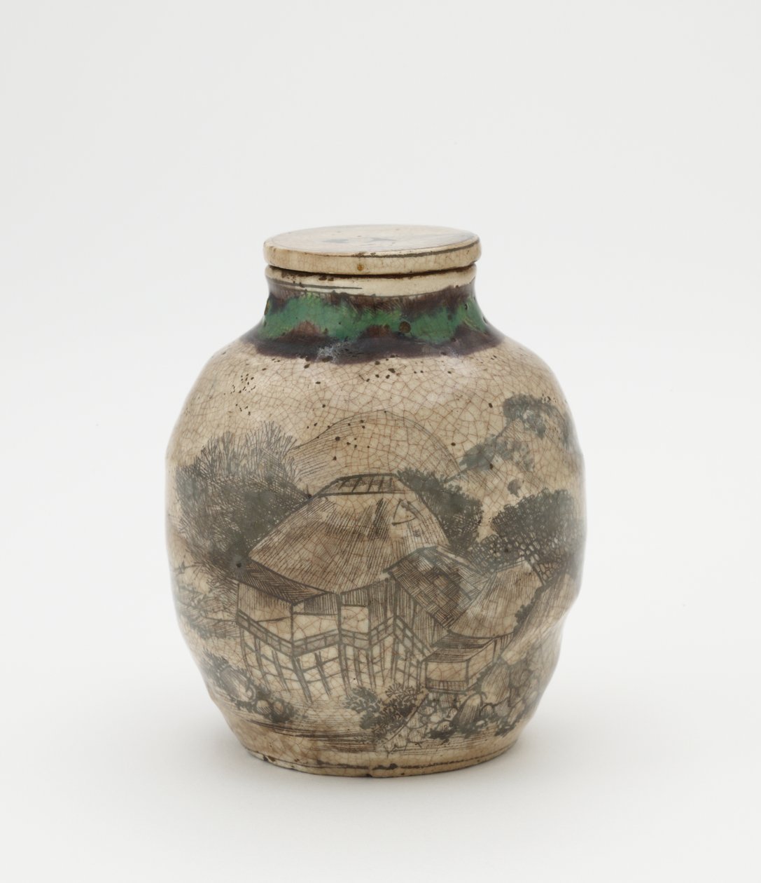 Tea-leaf jar for sencha, with matching lid by Japanese School