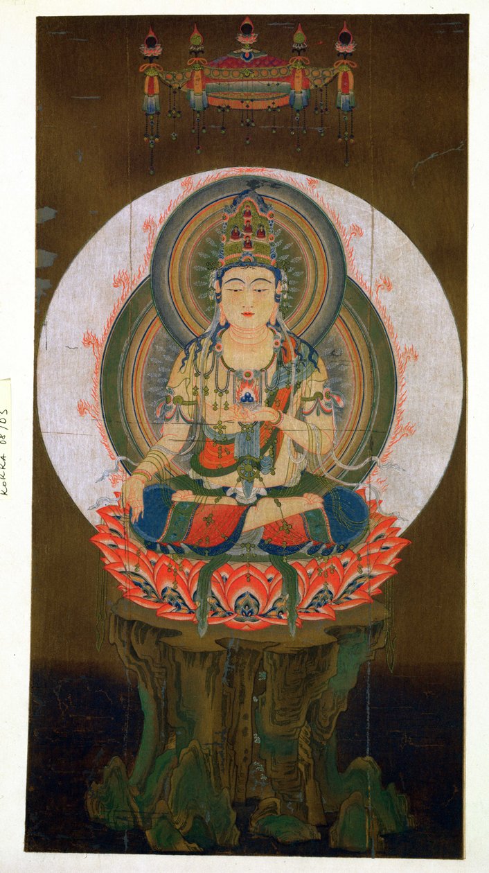 The Bodhisattva Akashagarba holding the Cintamani Jewel in the left hand and seated on a lotus, illustration after a kakemono of the 9th century from the temple of Daigo by Japanese School
