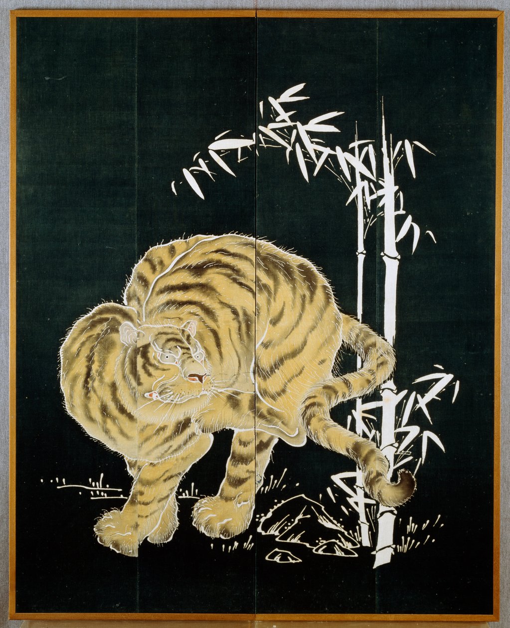 Tiger and Bamboo, Motif on Two Door Cotton Screen by Japanese School