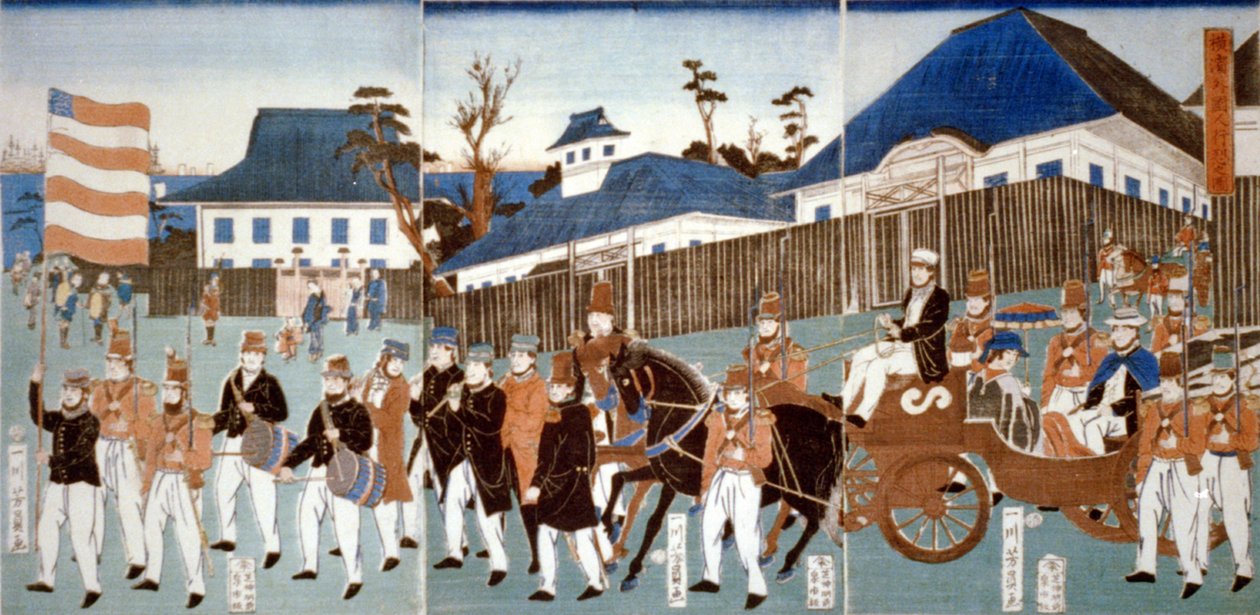 Triptych showing a parade of foreigners, Yokohama, in a horse-drawn open carriage and led by man carrying the stars-and-stripes, and a military band, 1861 by Japanese School
