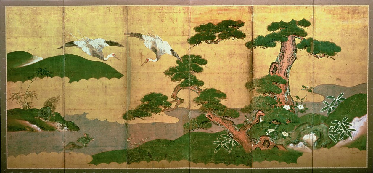 Two Cranes Diving Behind Pine and Rockwood by Japanese School