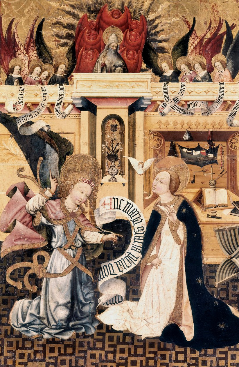 Annunciation and God the Father surrounded by angels, altarpiece by Jaume Ferrer
