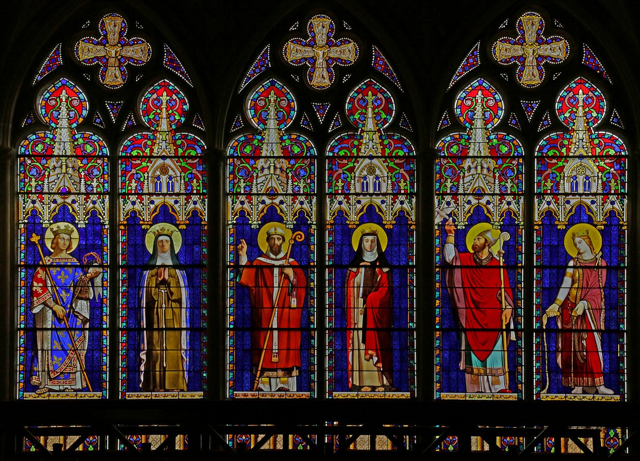 Window depicting Six figures by Ingres with architectural surround by Viollet le Duc by Jean Auguste Dominique Ingres
