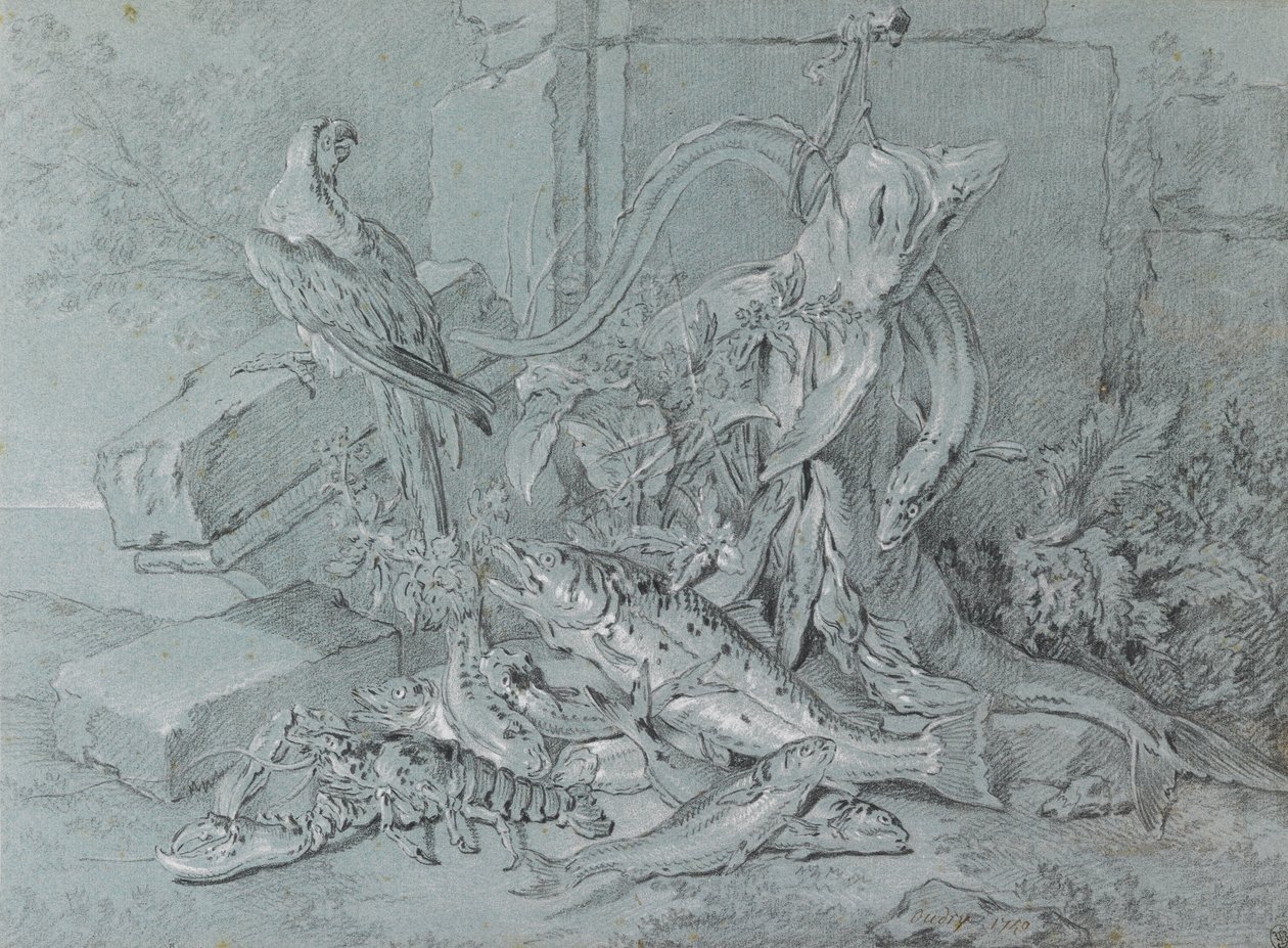 Still-life with Fish and Parrot by Jean Baptiste Oudry