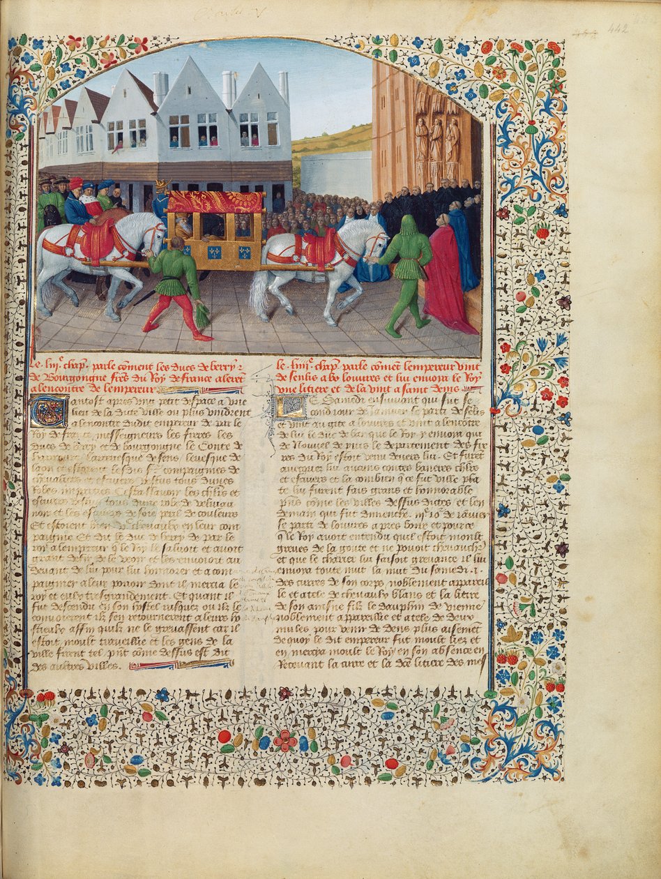 Arrival of Emperor Charles IV (1316-78) at the Basilica of Saint-Denis, from the Grandes Chroniques de France, c.1460 by Jean Fouquet