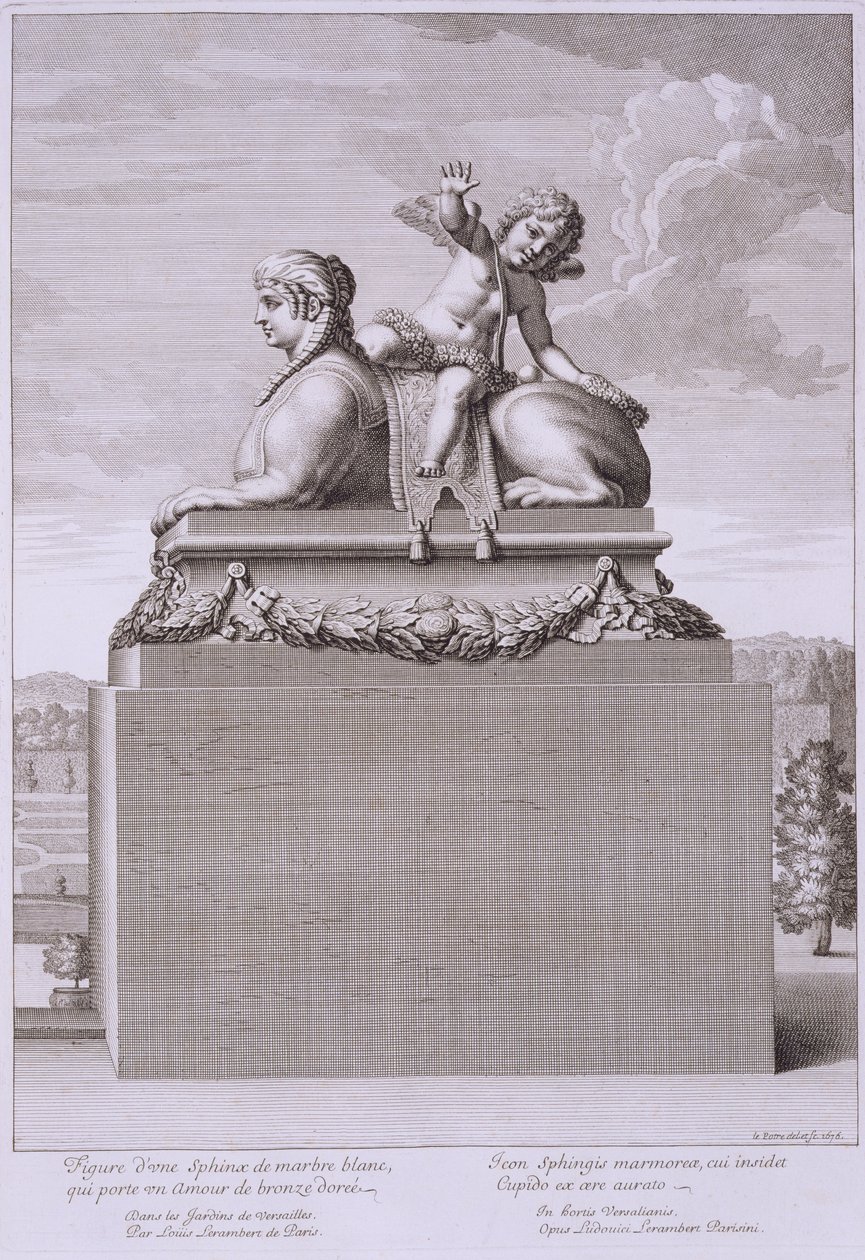 Figure of a sphinx in white marble, carrying a bronze Cupid, at Versailles, from 