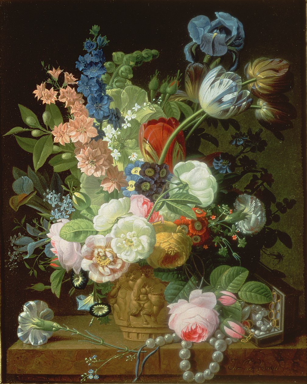 A Still Life of Roses, Tulips, Carnations, Stocks and Other Flowers in a Decorative Urn, Resting on a Stone Ledge by Jean Louis Prevost
