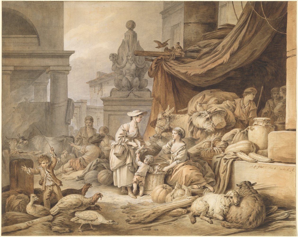 Market Scene with a Fantastic Sculpture by Jean-Baptiste Huet