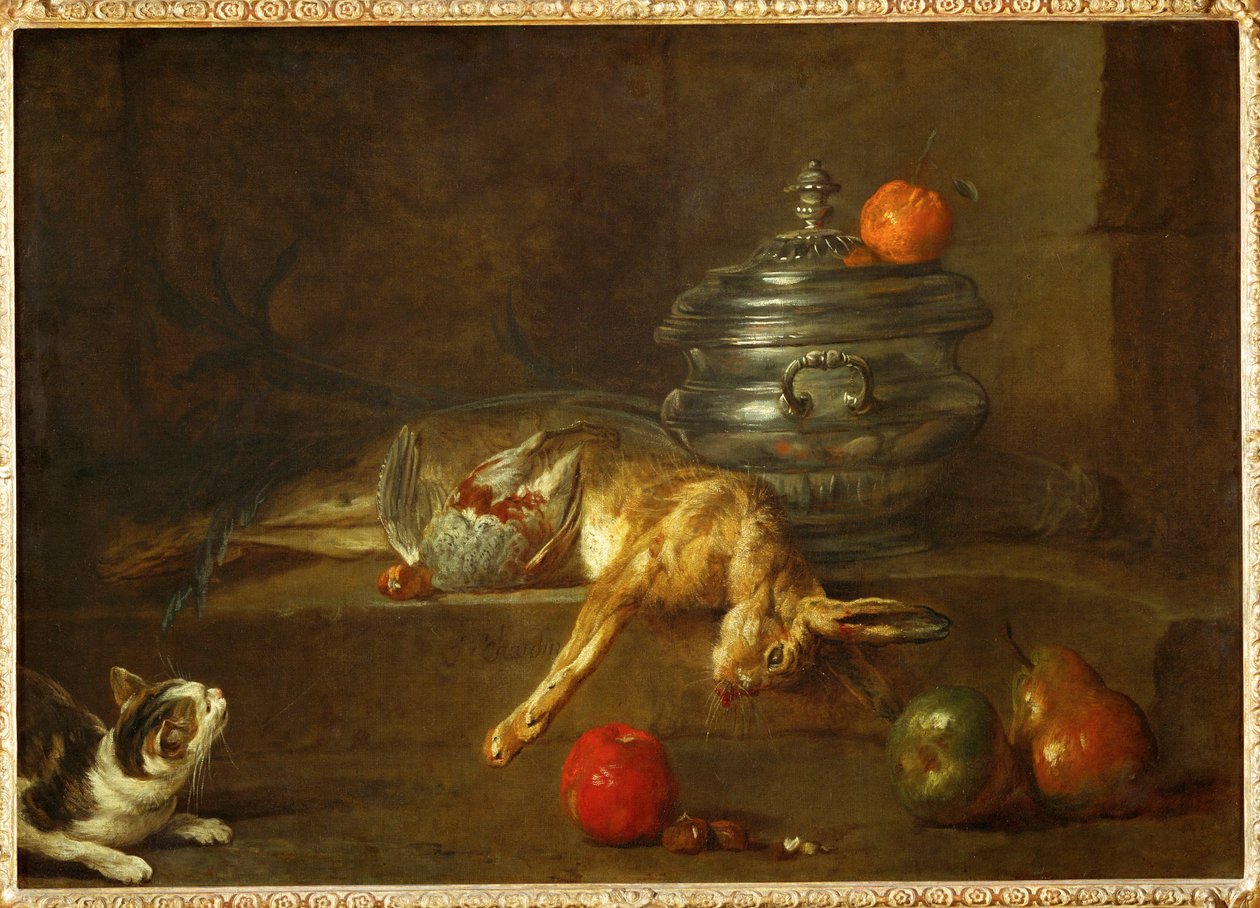 Cat Looking at a Dead Partridge and a Dead Hare, Thrown Next to an Oil-Pot by Jean-Baptiste Simeon Chardin