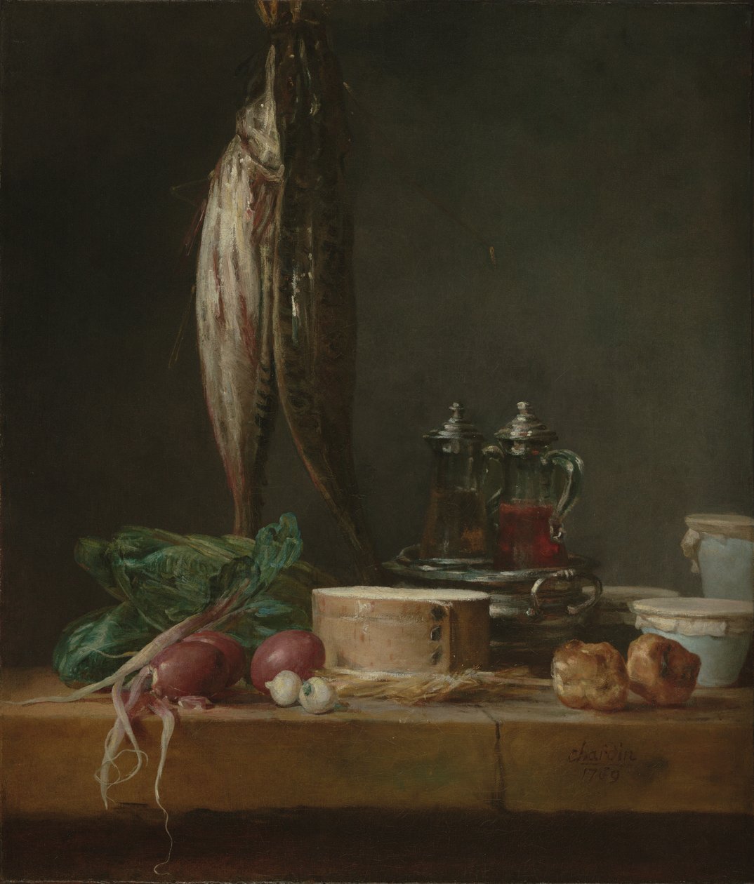 Still Life with Fish, Vegetables, Gougères, Pots, and Cruets on a Table by Jean-Baptiste Simeon Chardin