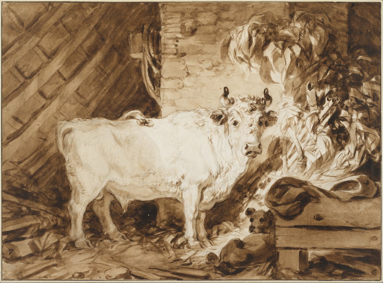 White Bull and a Dog in a Stable by Jean Honore Fragonard