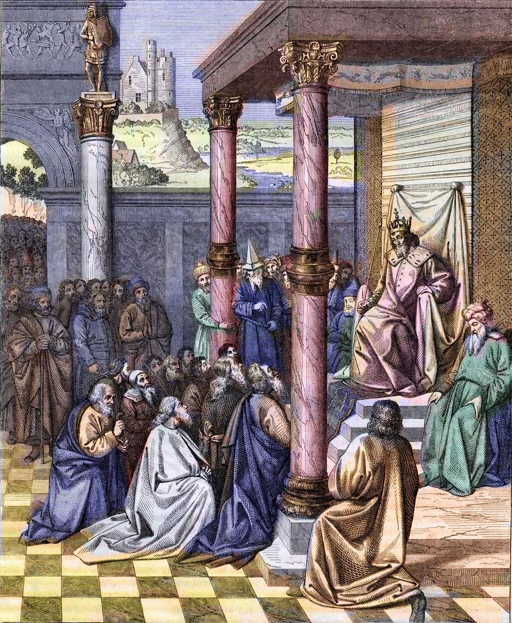 Cyrus II the Great (580 BC - 530 BC), king of Persia, freed the Judeans exiled to Babylon in 539 BC. Engraving after a miniature by Jean Fouquet (ca. 1420 -1477/1481). Engraving by Chevignard by Jean (after) Fouquet