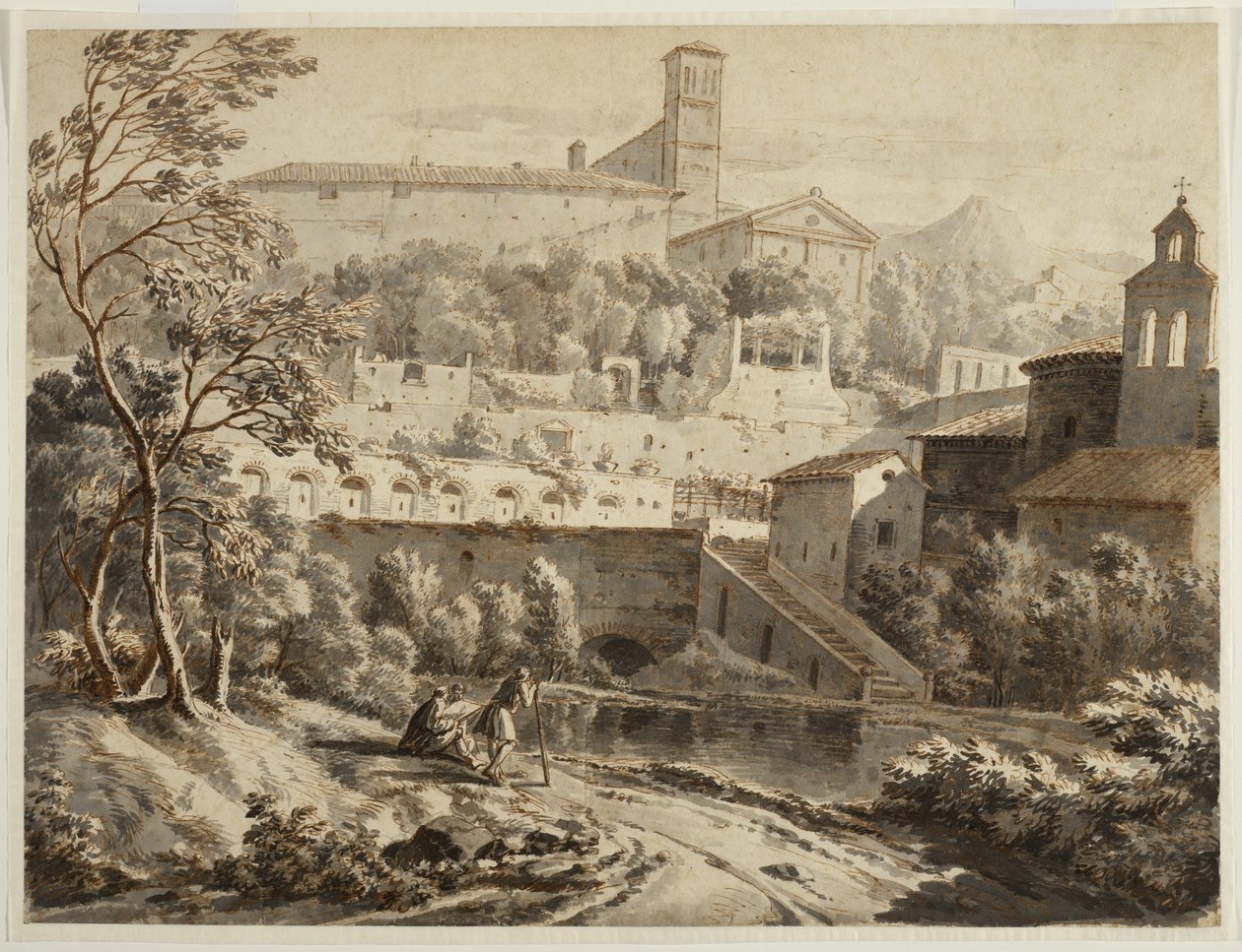 An Artist Sketching Along a Riverbank, Below an Italian Town by Jean Antoine Constantin