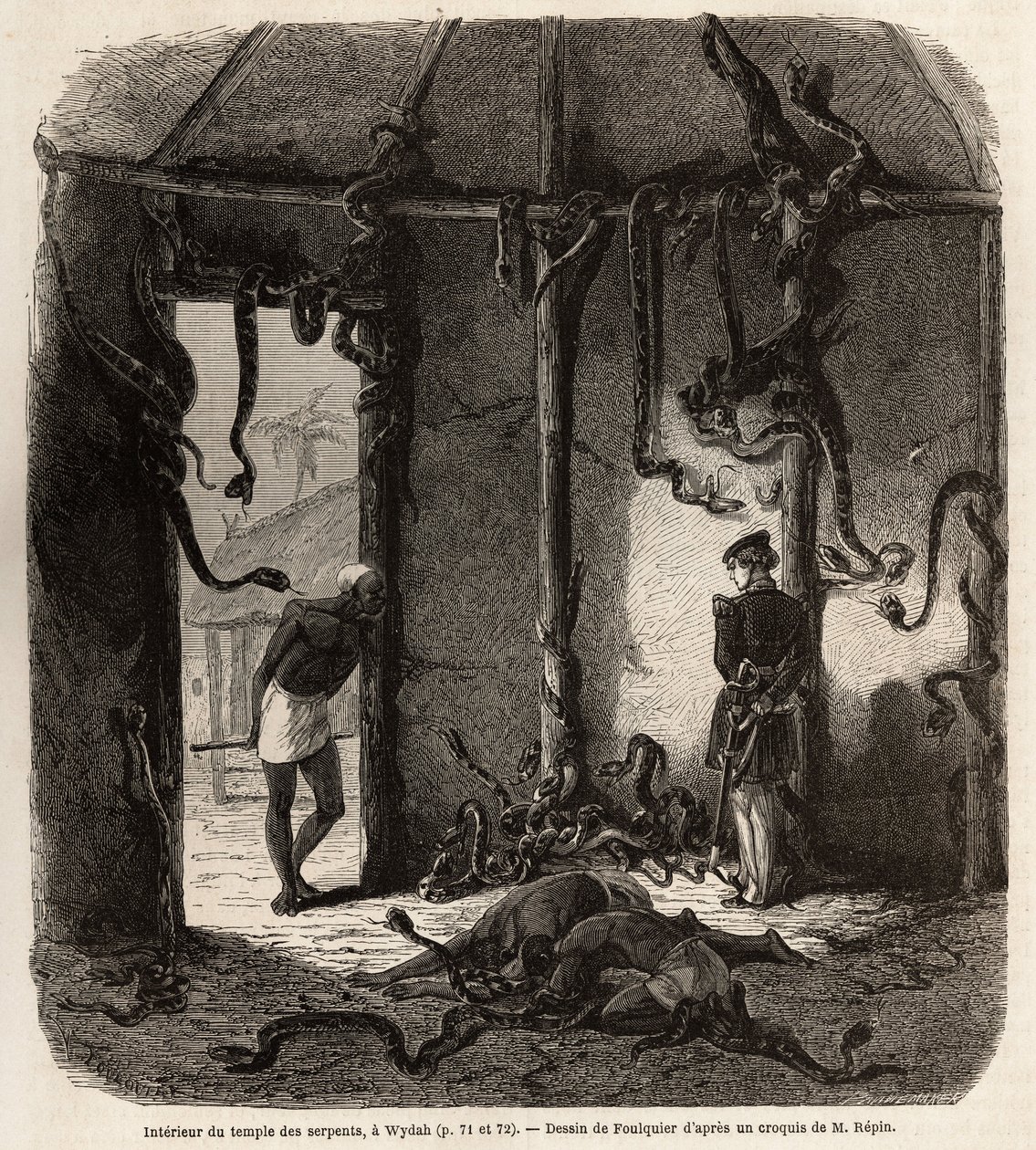 Inside the temple of fetish snakes, in Wydah, in Dahomey (present-day Benin), drawing by Jean Antoine Foulquier (1822-1896), to illustrate Dr. Repin