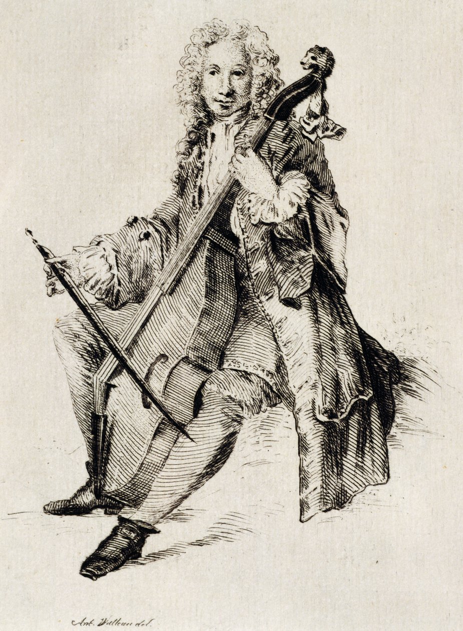 Cello player, engraving, France by Jean Antoine Watteau