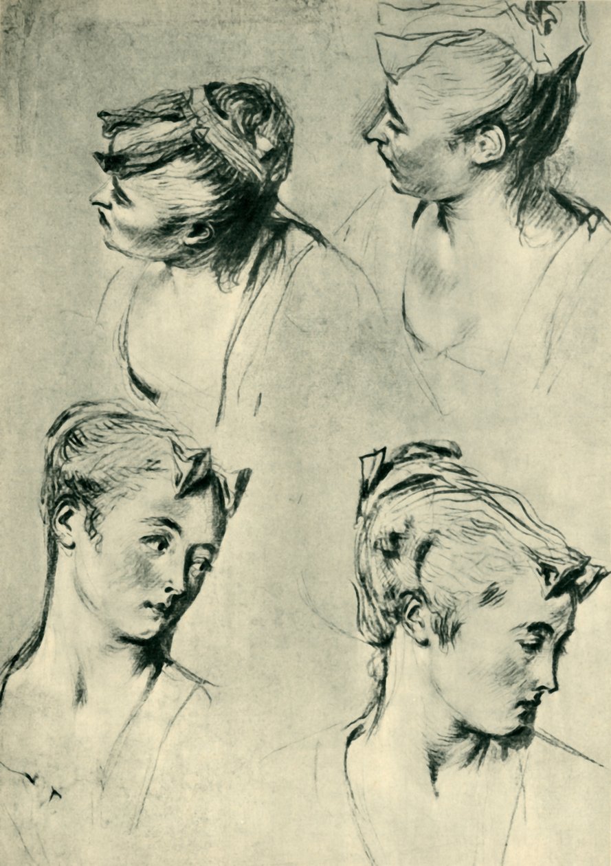 Four studies of female heads, early 18th century by Jean Antoine Watteau