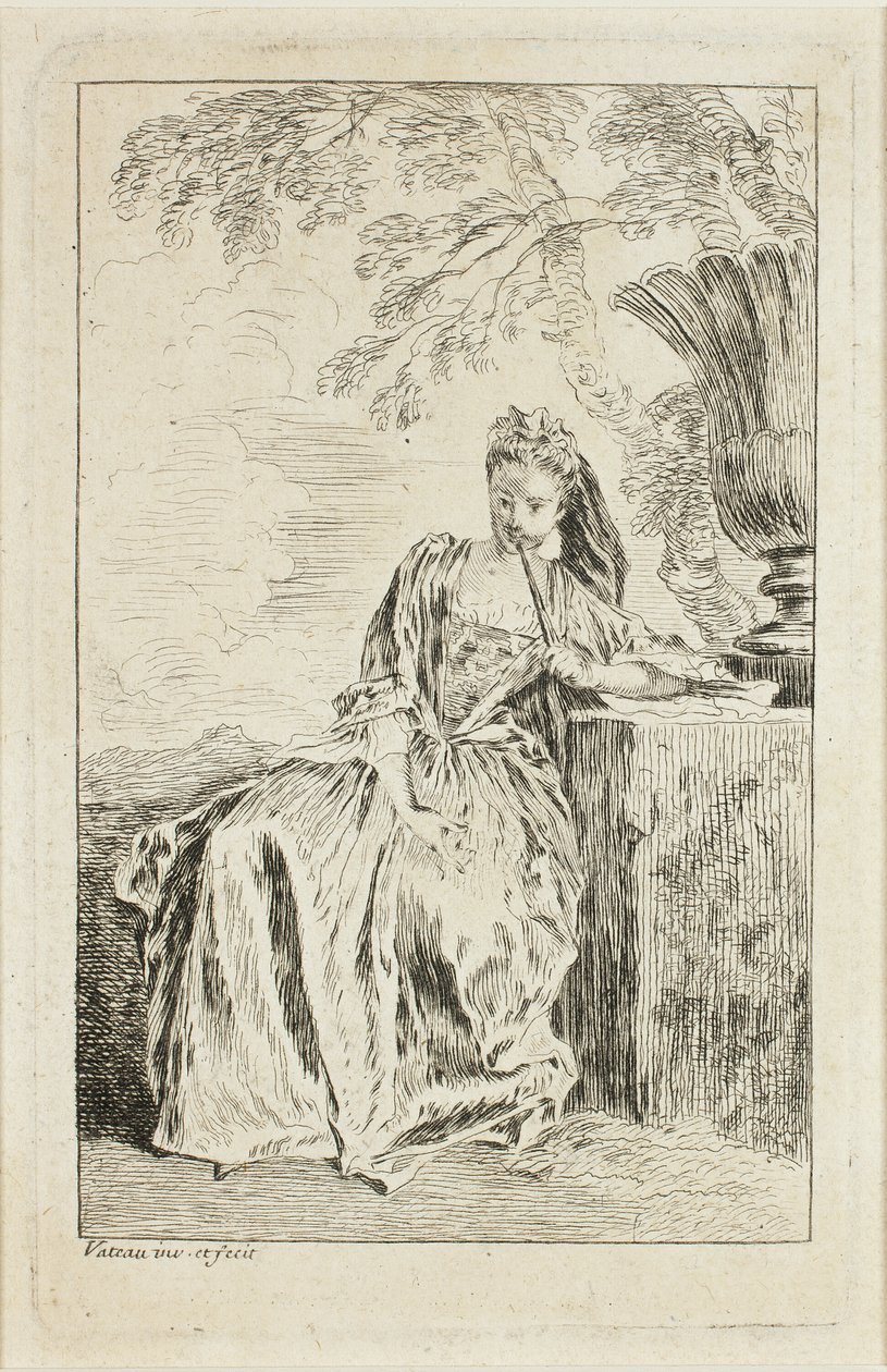 Seated Woman, Leaning on a Pedestal by Jean Antoine Watteau