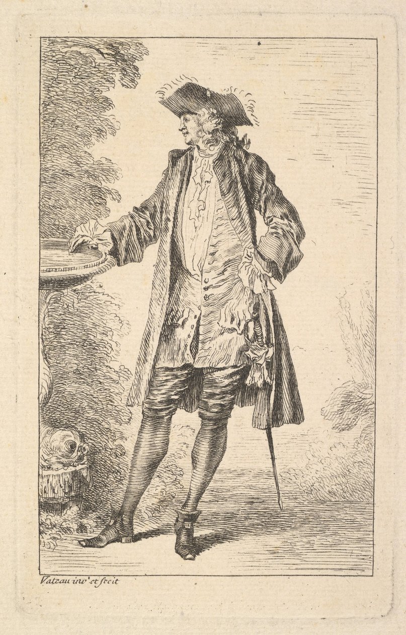 Standing man with his right hand resting on a basin, shown in three-quarters view by Jean Antoine Watteau
