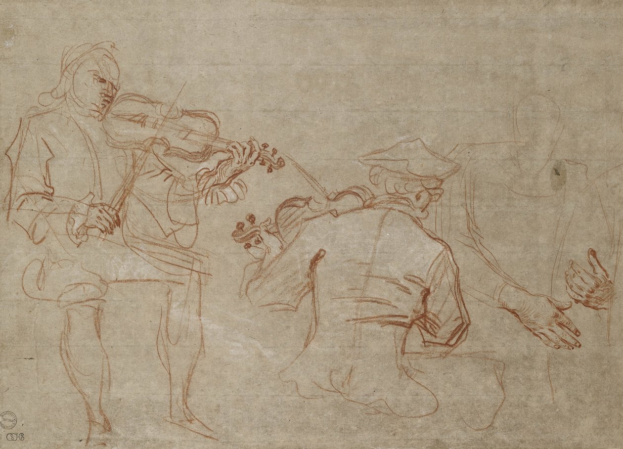 Study of Two Violinists and a Pair of Hands, Holding an Arm by Jean Antoine Watteau