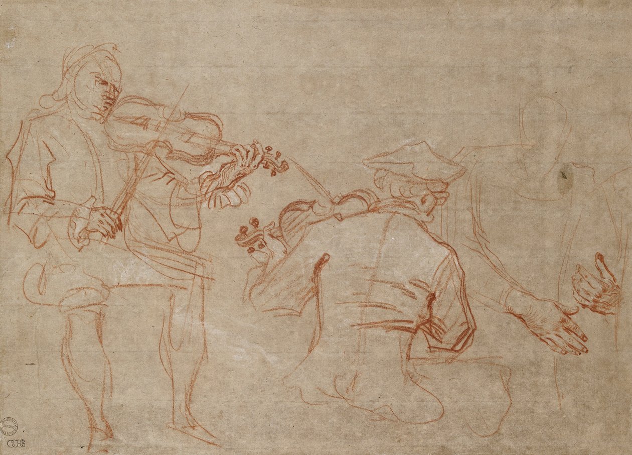 Study of Two Violinists and a Pair of Hands, Holding an Arm, on the Right by Jean Antoine Watteau