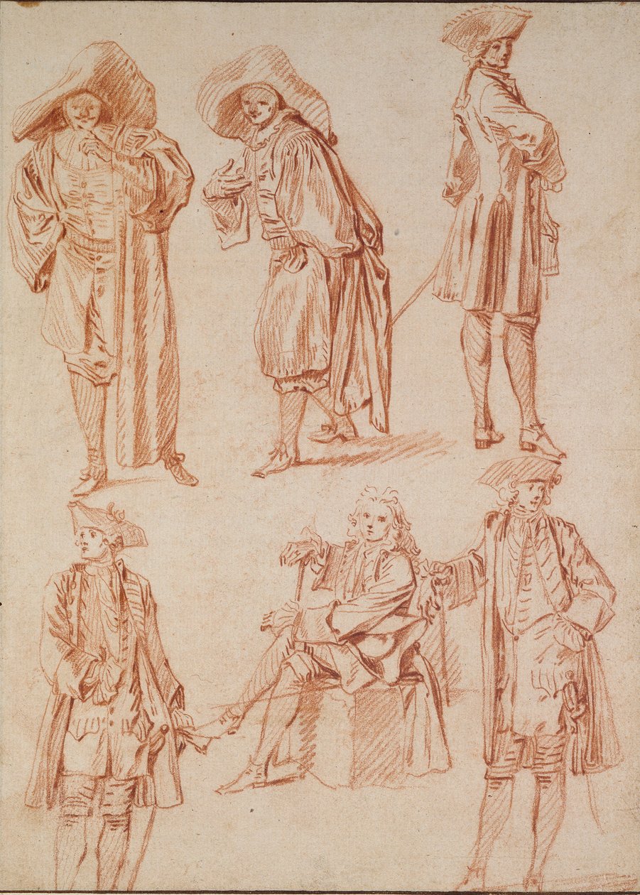 Two Studies of the Doctor in the Italian Comedy and four Officers by Jean Antoine Watteau