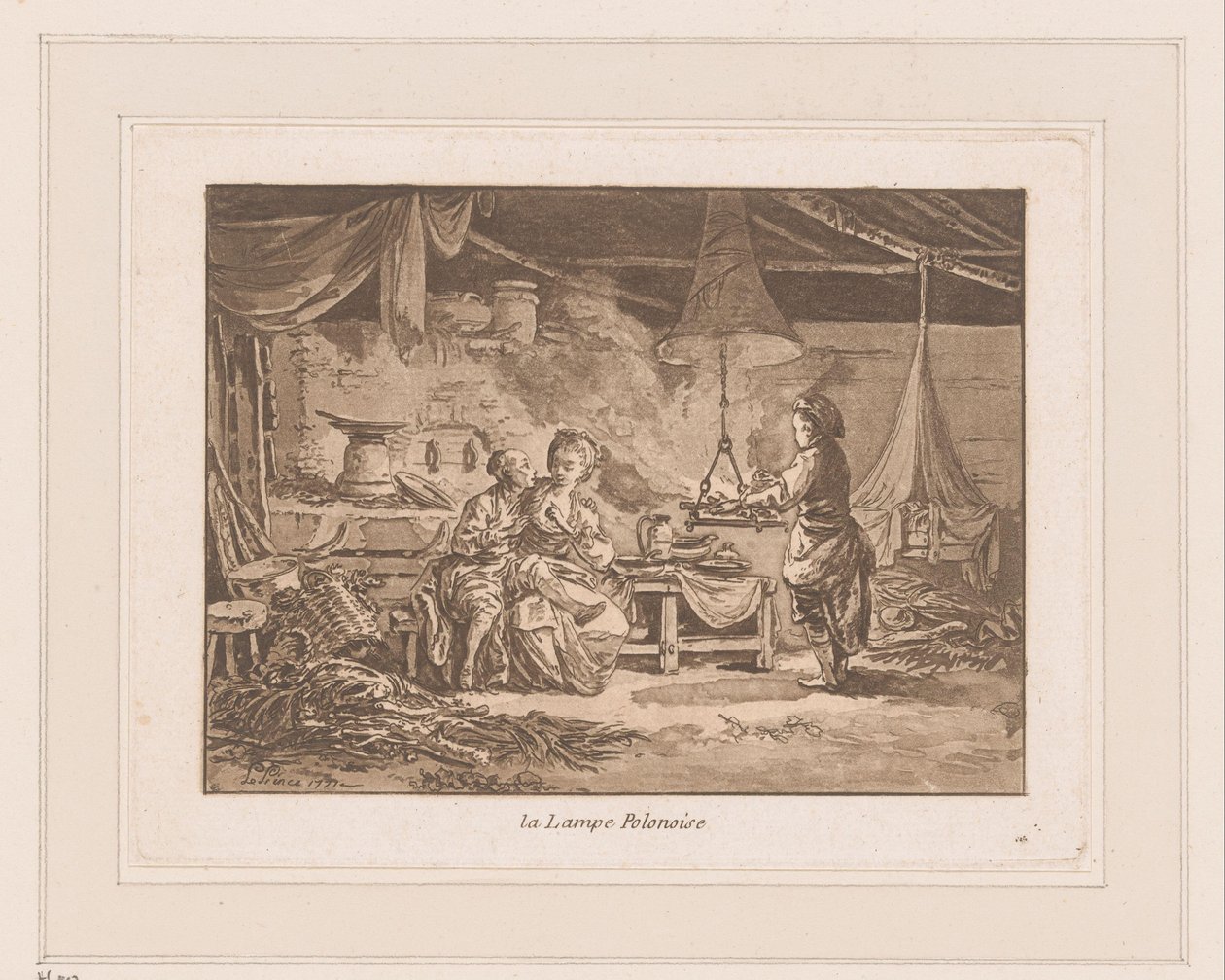 Interior of a barn with two figures on a bench and a man by a fire by Jean Baptist Leprince
