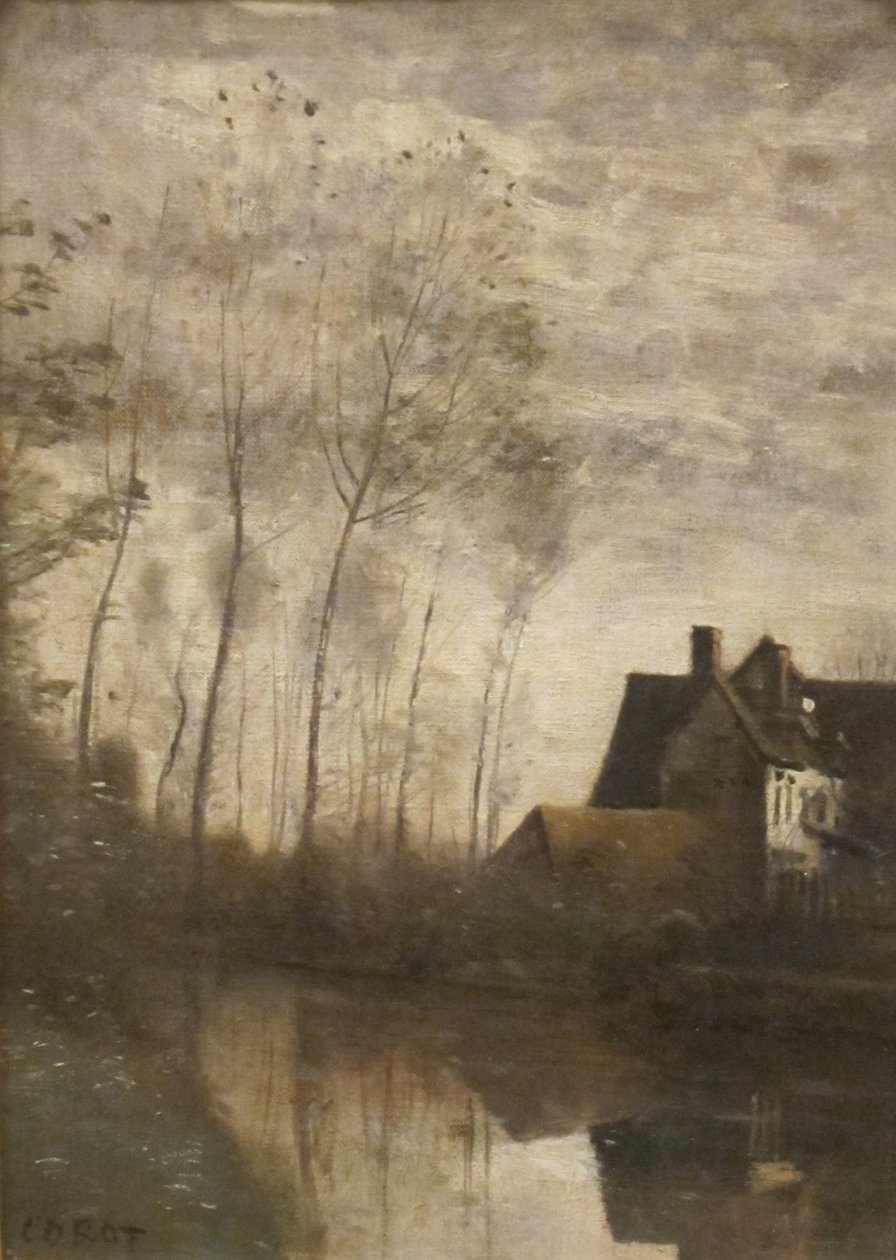 A River Scene with Houses and Poplars by Jean Baptiste Camille Corot