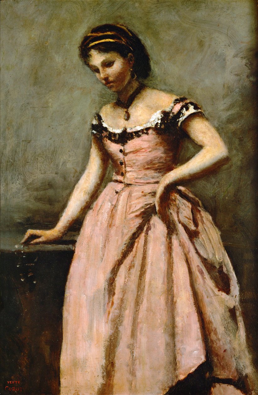 Girl in Pink Dress with Roses and a Pearl by Jean Baptiste Camille Corot