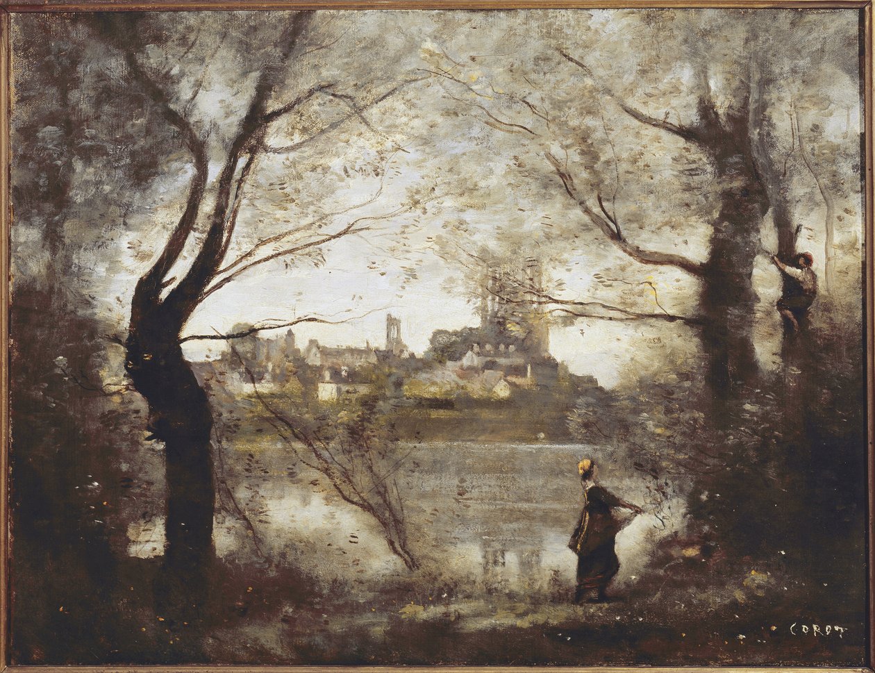 Mantes, Cathedral and City Seen Through the Trees, Evening by Jean Baptiste Camille Corot