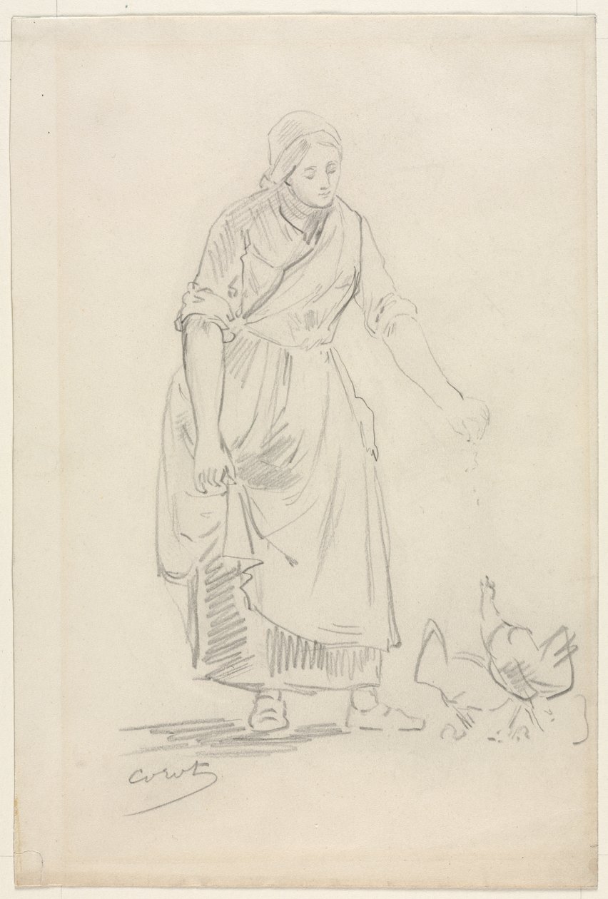 Peasant Girl Feeding Chickens by Jean Baptiste Camille Corot