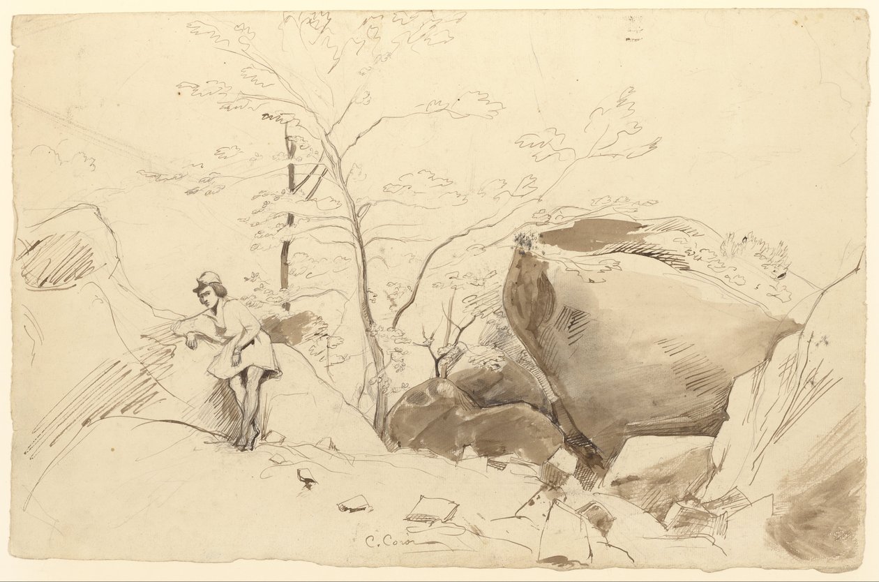 Pen and Brown Ink, Brush and Brown Wash Over Pencil on Paper by Jean Baptiste Camille Corot