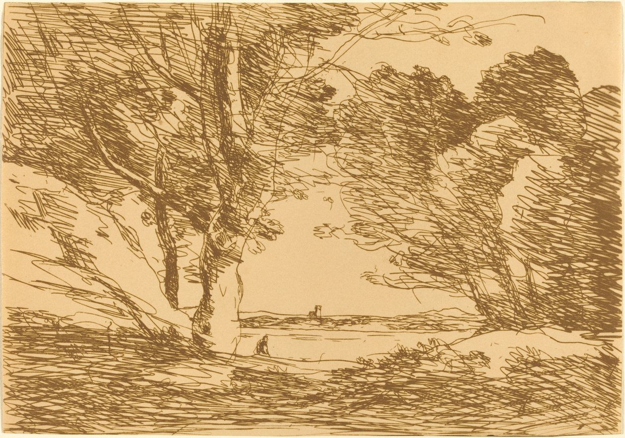 Tower on the Horizon of a Lake by Jean Baptiste Camille Corot