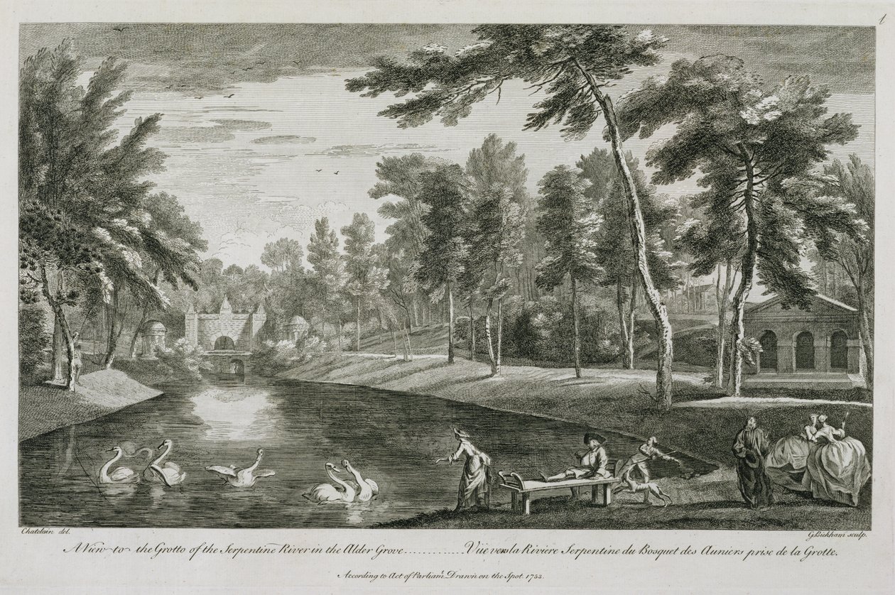 A View to the Grotto of the Serpentine River in the Alder Grove at Stowe, engraved by George Bickham by Jean Baptiste Claude Chatelain