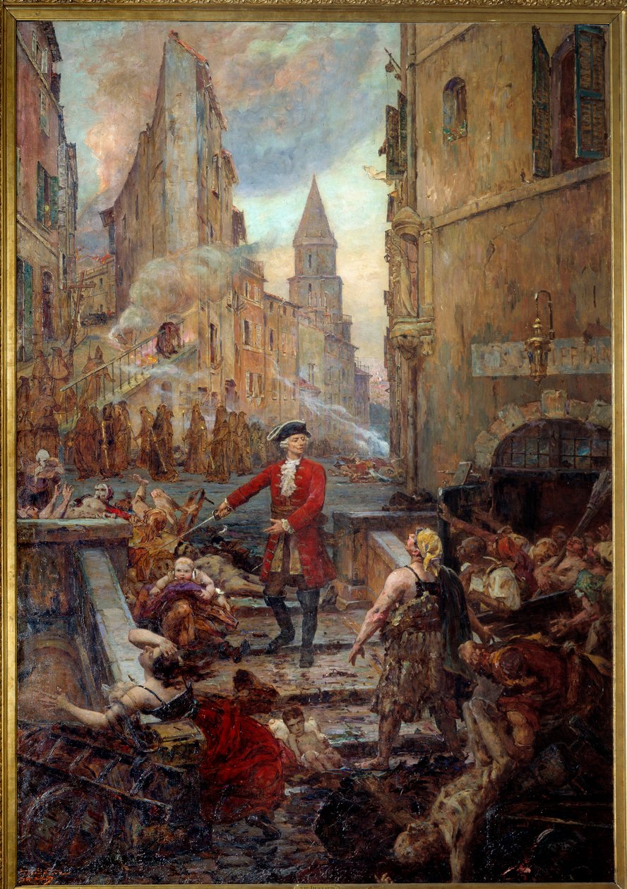 The Chevalier Roze at the Montee des Aroules in Marseille. Nicola Roze (1675-1733) unleashes the Armoules district in Marseille from the corpses of the pestiferes during the great plague of 1720. Painting by Jean-Baptiste Duffaud (1852-1927) by Jean Baptiste Duffaud