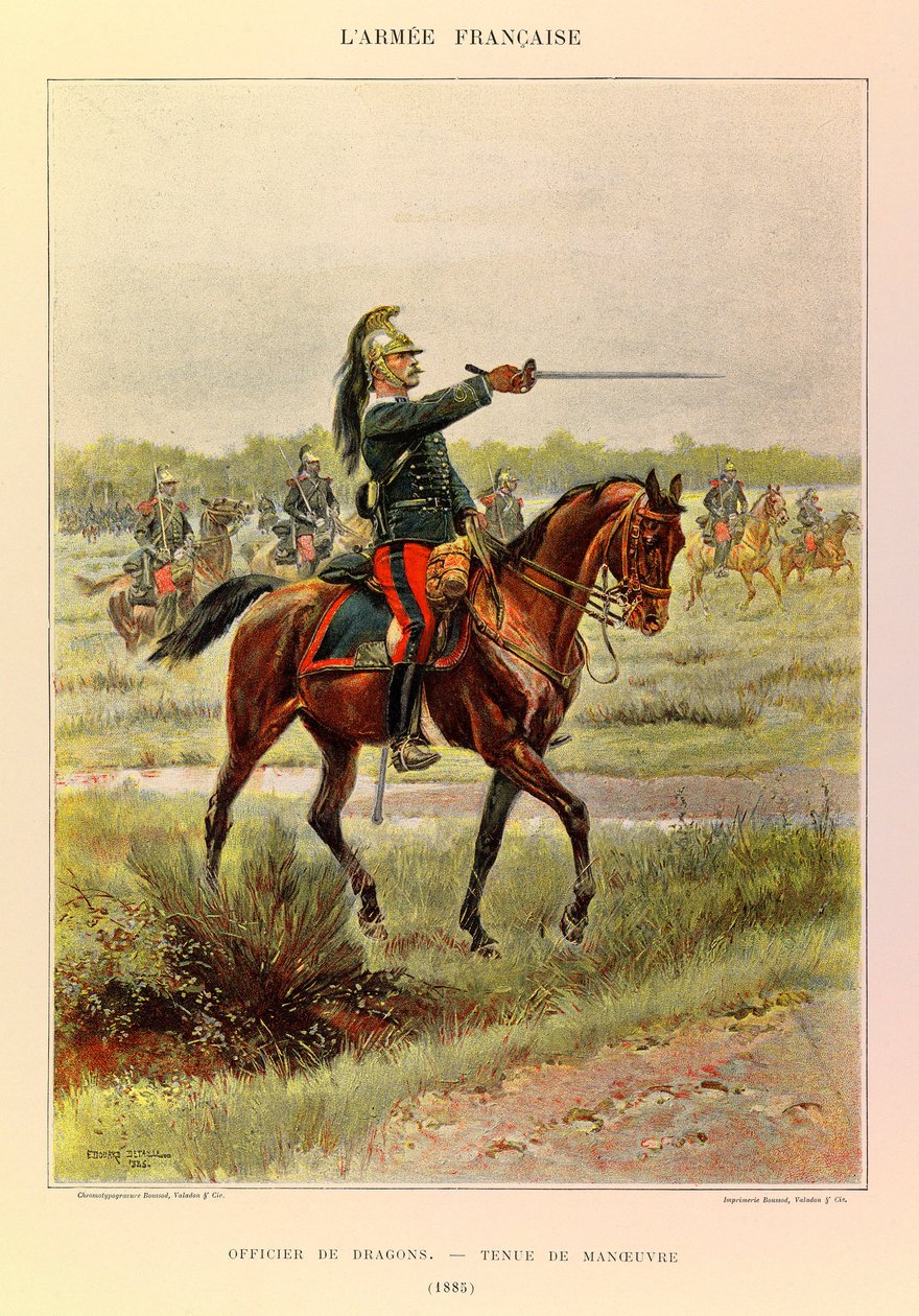 Types and uniforms of the French Army of Captain Jules Richard, illustrated by Edouard Detaille (1848-1912): Officer of Dragons in maneuver suit in 1885, Private Collection by Jean Baptiste Edouard Detaille