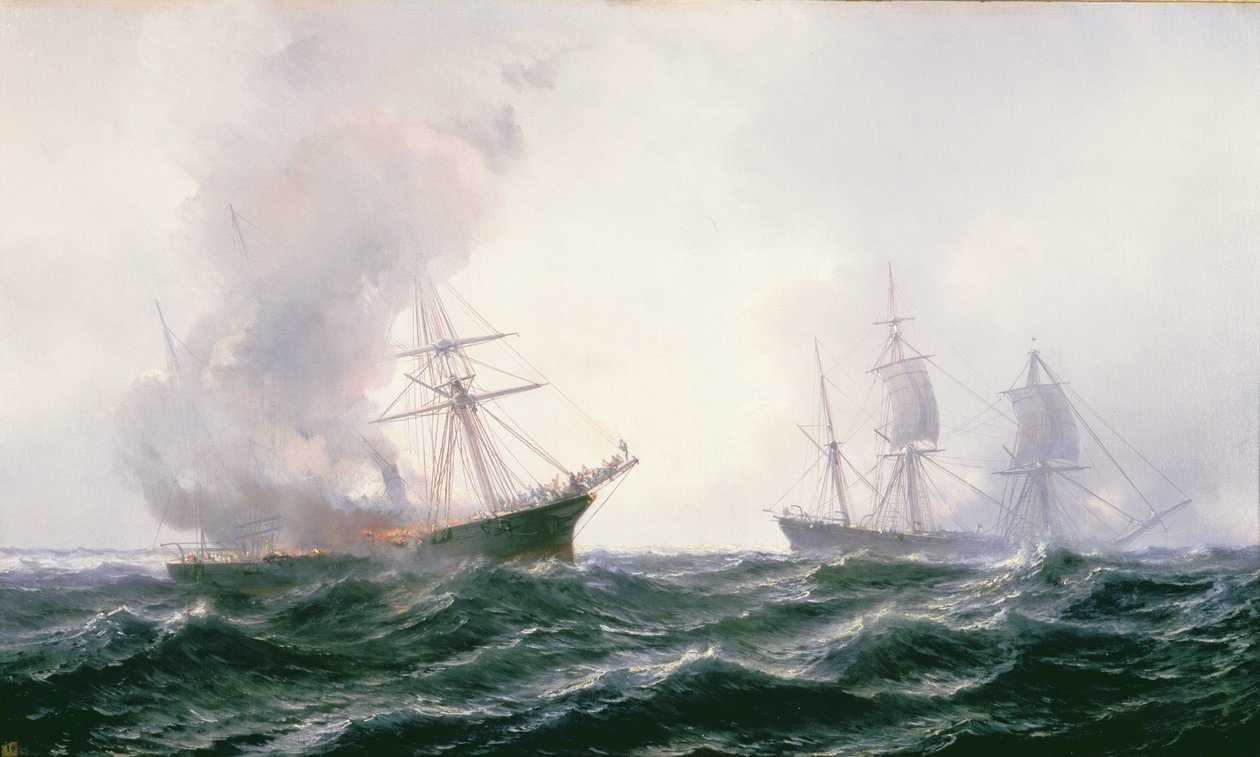 A ship on fire at sea, with another standing by by Jean Baptiste Henri Durand Brager