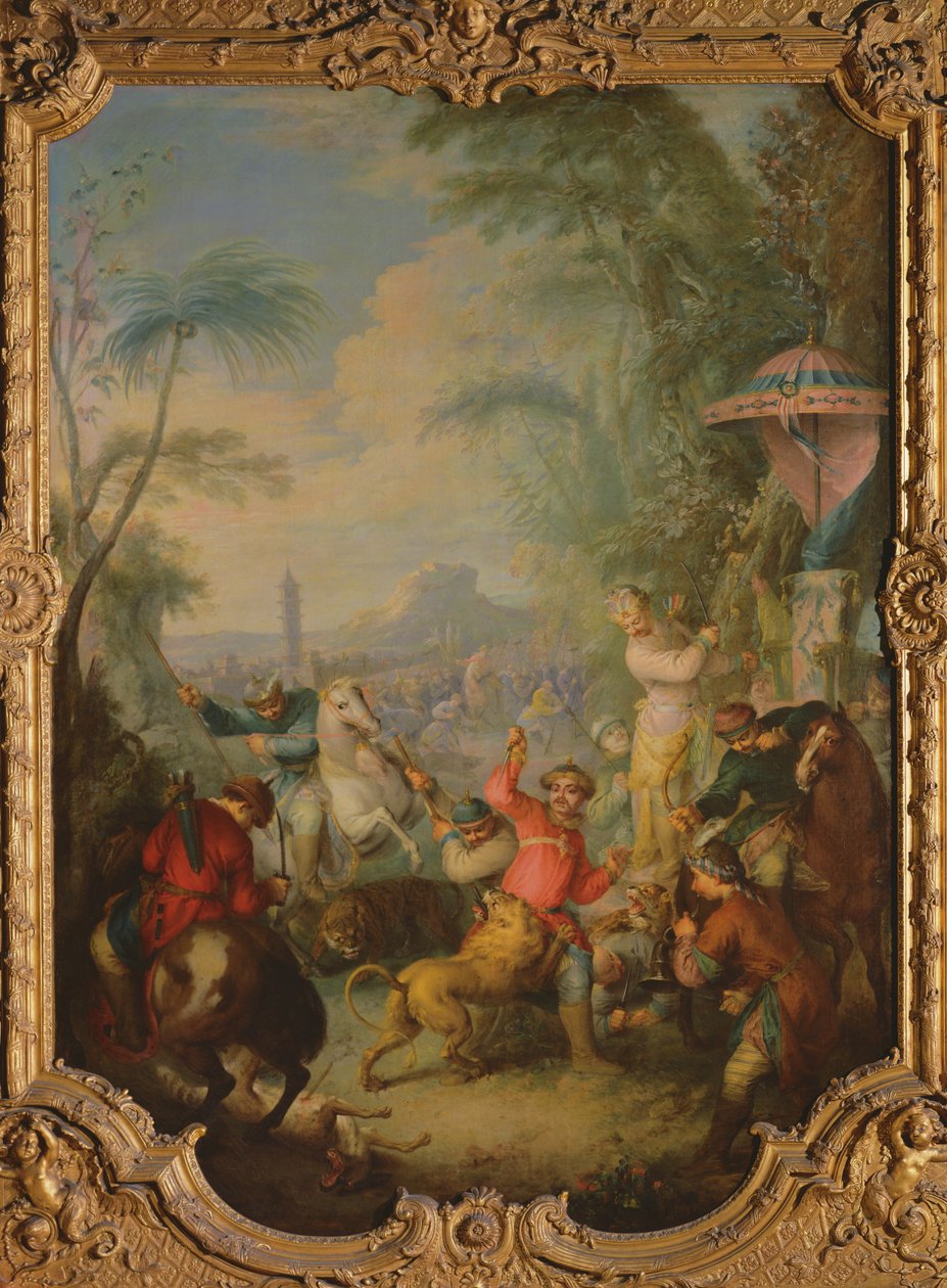 Lion and Tiger Hunt in China by Jean Baptiste Joseph Pater