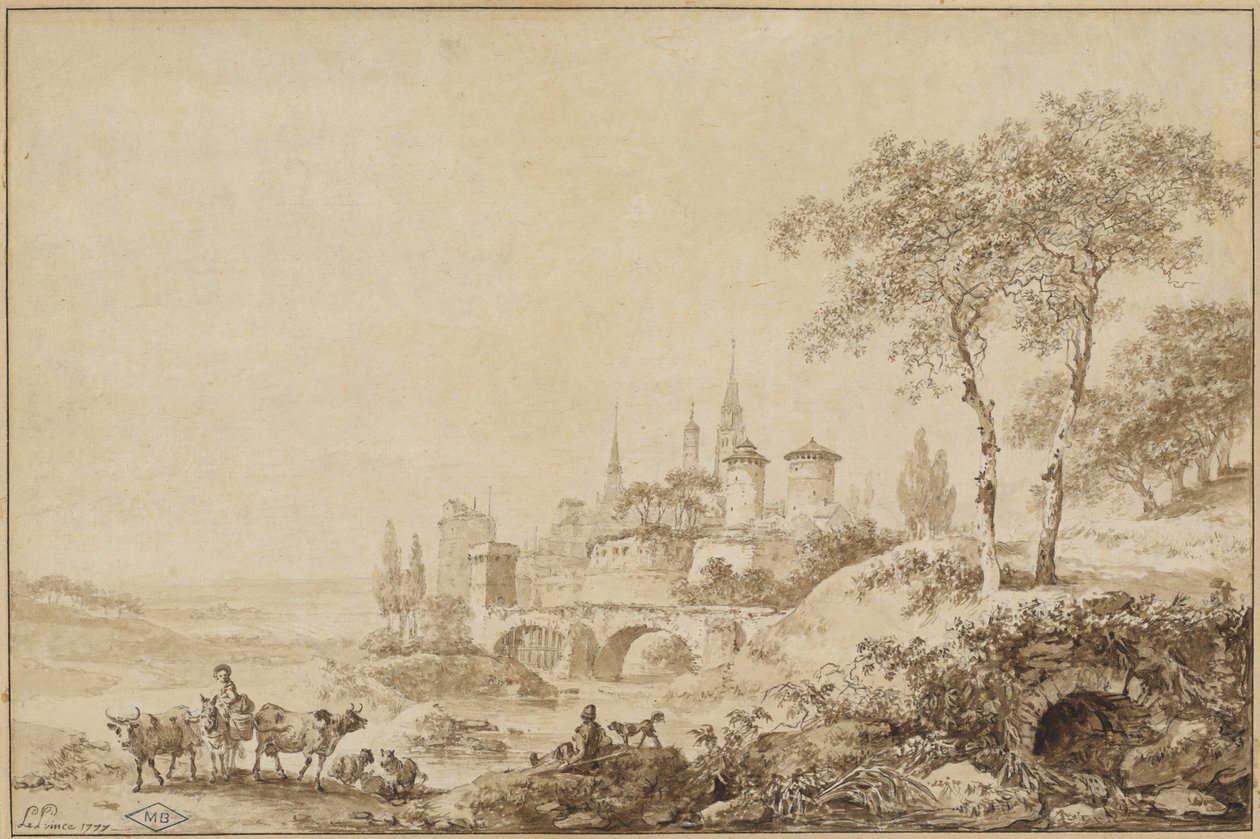 Shepherds in a Landscape before a Fortified Town by Jean Baptiste Le Prince