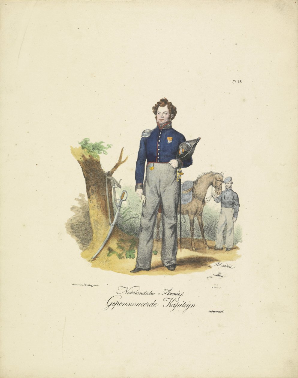 Retired Captain, 1820-1825 Dutch Army, Retired Captain (title on object) Military Costumes of the Kingdom of the Netherlands. Dedicated to His Excellency Willem van Bylandt (series title on object) by Jean Baptiste Madou