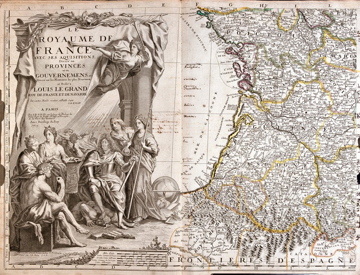 Map of Guyenne and Gascony, with a portrait of Louis XIV surrounded by allegorical characters by Jean Baptiste Nolin