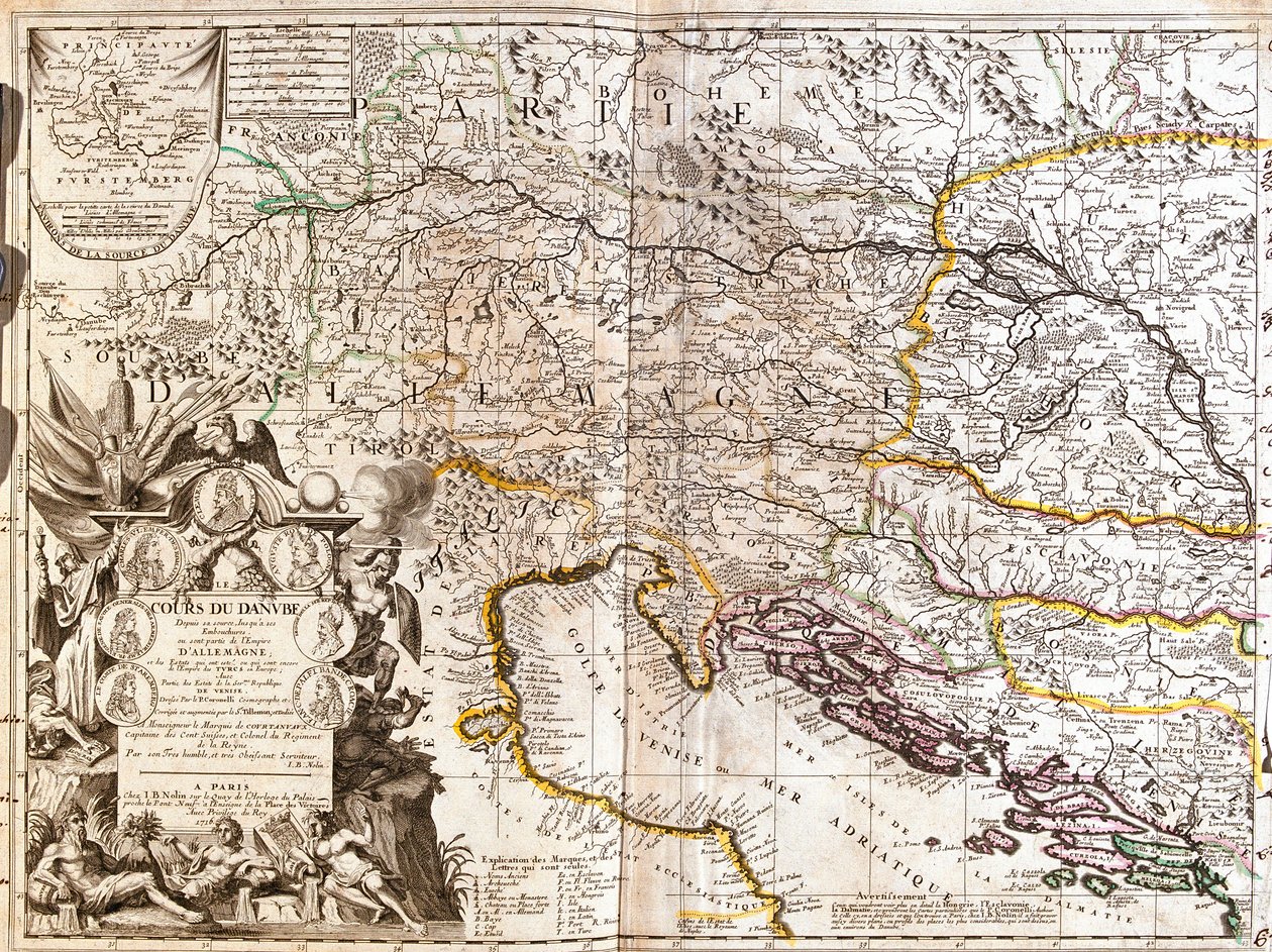 Map of the course of the Danube River in Germany by Jean Baptiste Nolin