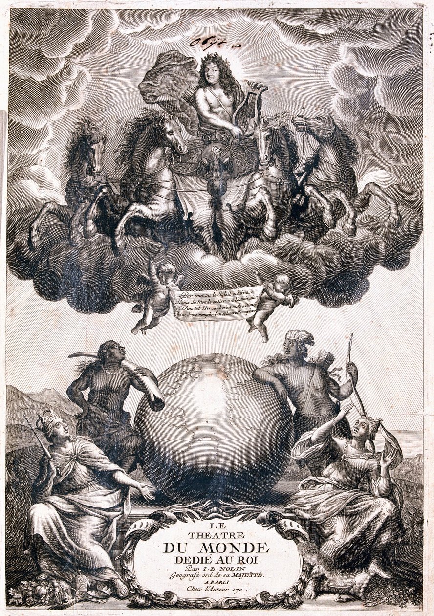 Portrait of Louis XIV, flying over a terrestrial globe, title page by Jean Baptiste Nolin