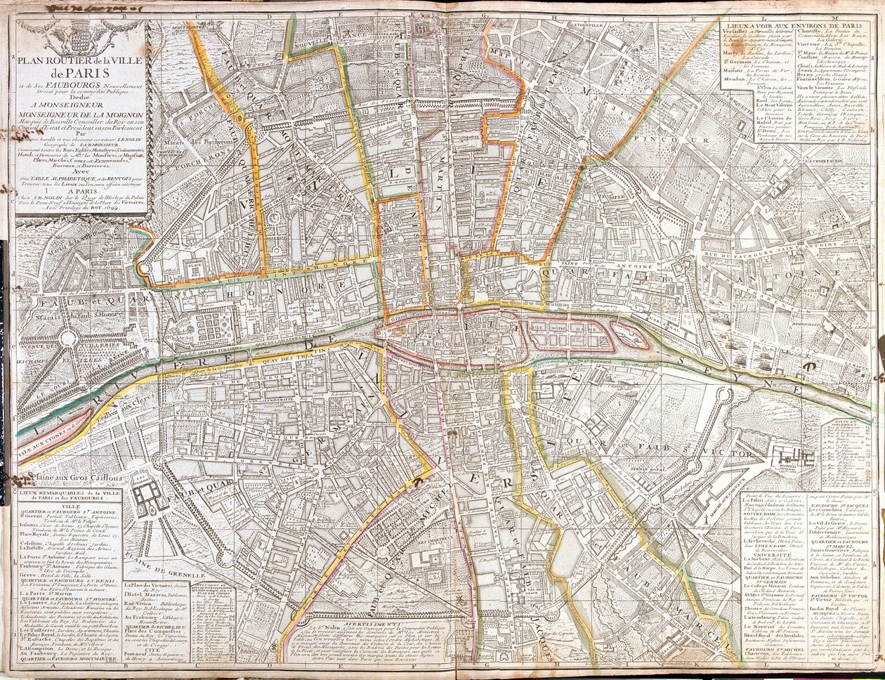 Route Map of Paris and its Suburbs by Jean Baptiste Nolin