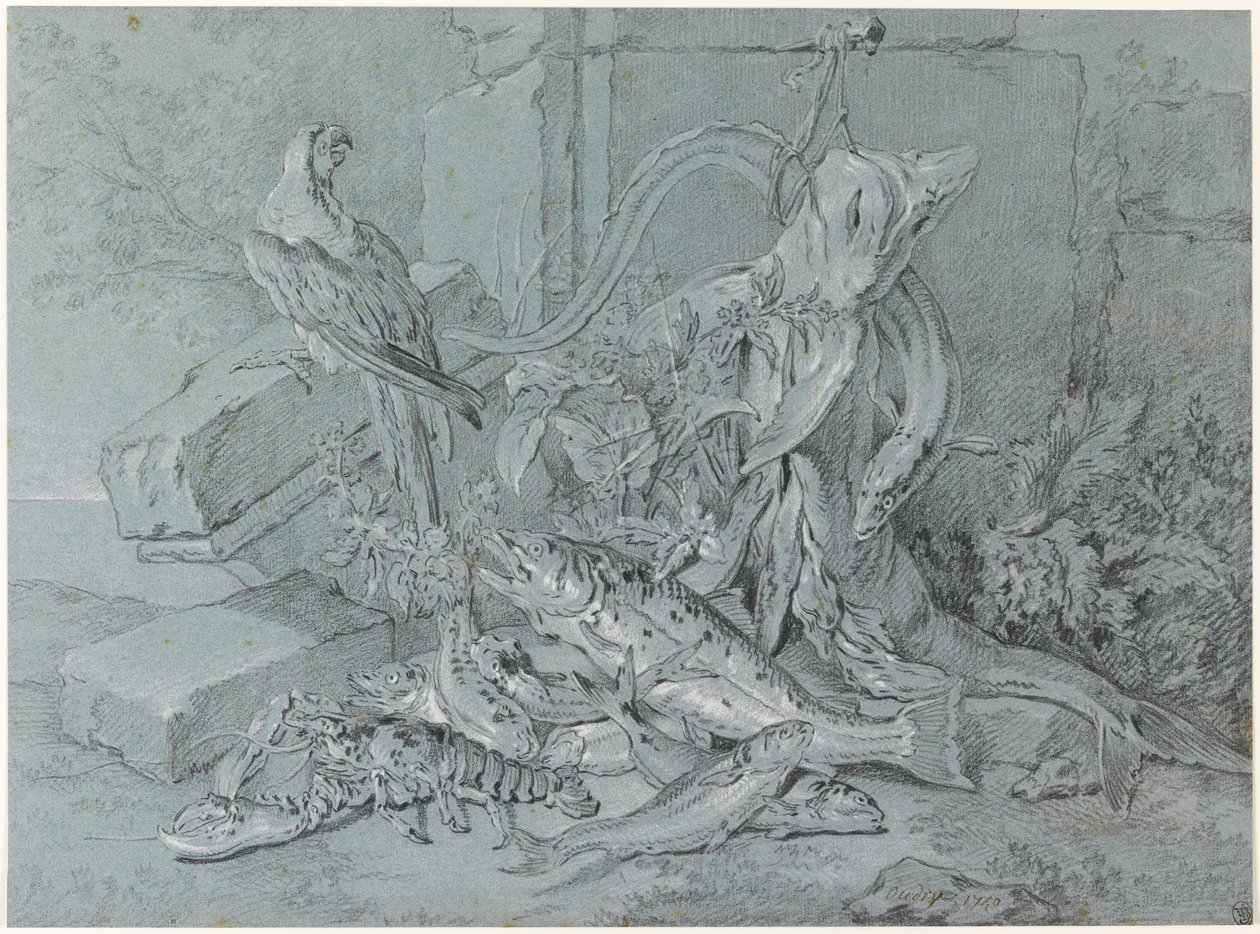 Still Life with Fish and Parrot by Jean Baptiste Oudry