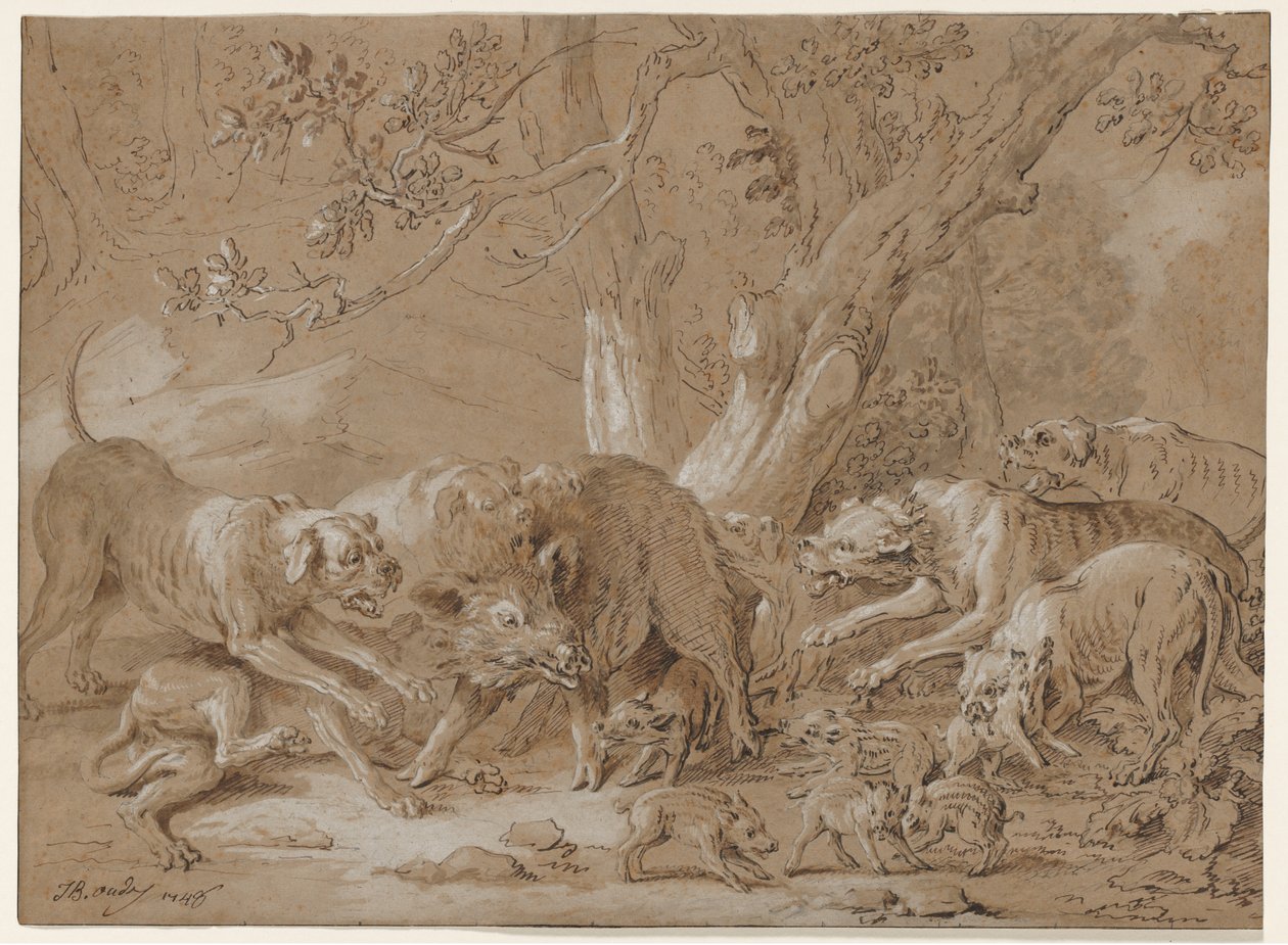 Wild Sow and Her Young Attacked by Dogs by Jean Baptiste Oudry