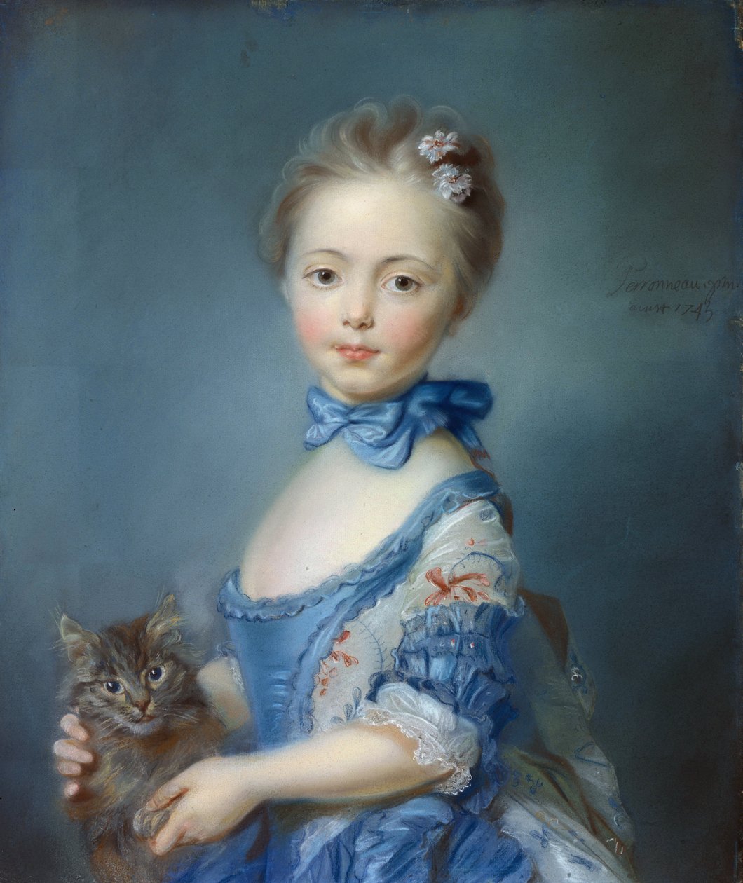 Portrait of the young girl with a cat by Jean Baptiste Perronneau