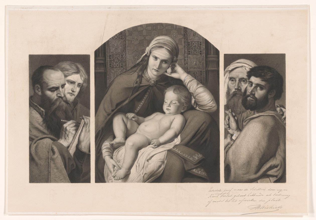 Triptych: Mary with Christ on Her Lap, and Two Groups of Two Apostles by Jean Baptiste Pierre Michiels (signed by artist)